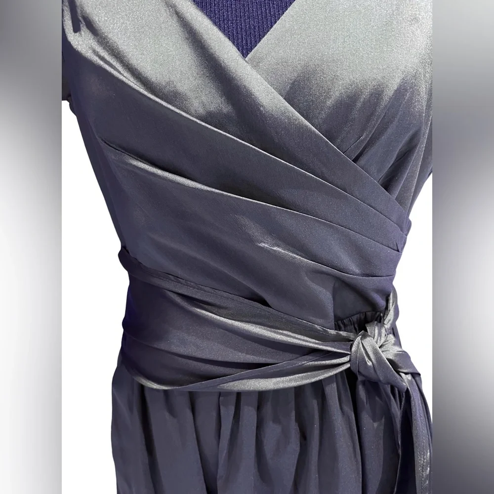 Navy Ruched Taffeta High-Low Gown - Picture 7 of 9